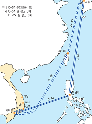 C-54 수송기의 한·남베트남 및 남베트남 국내운항도